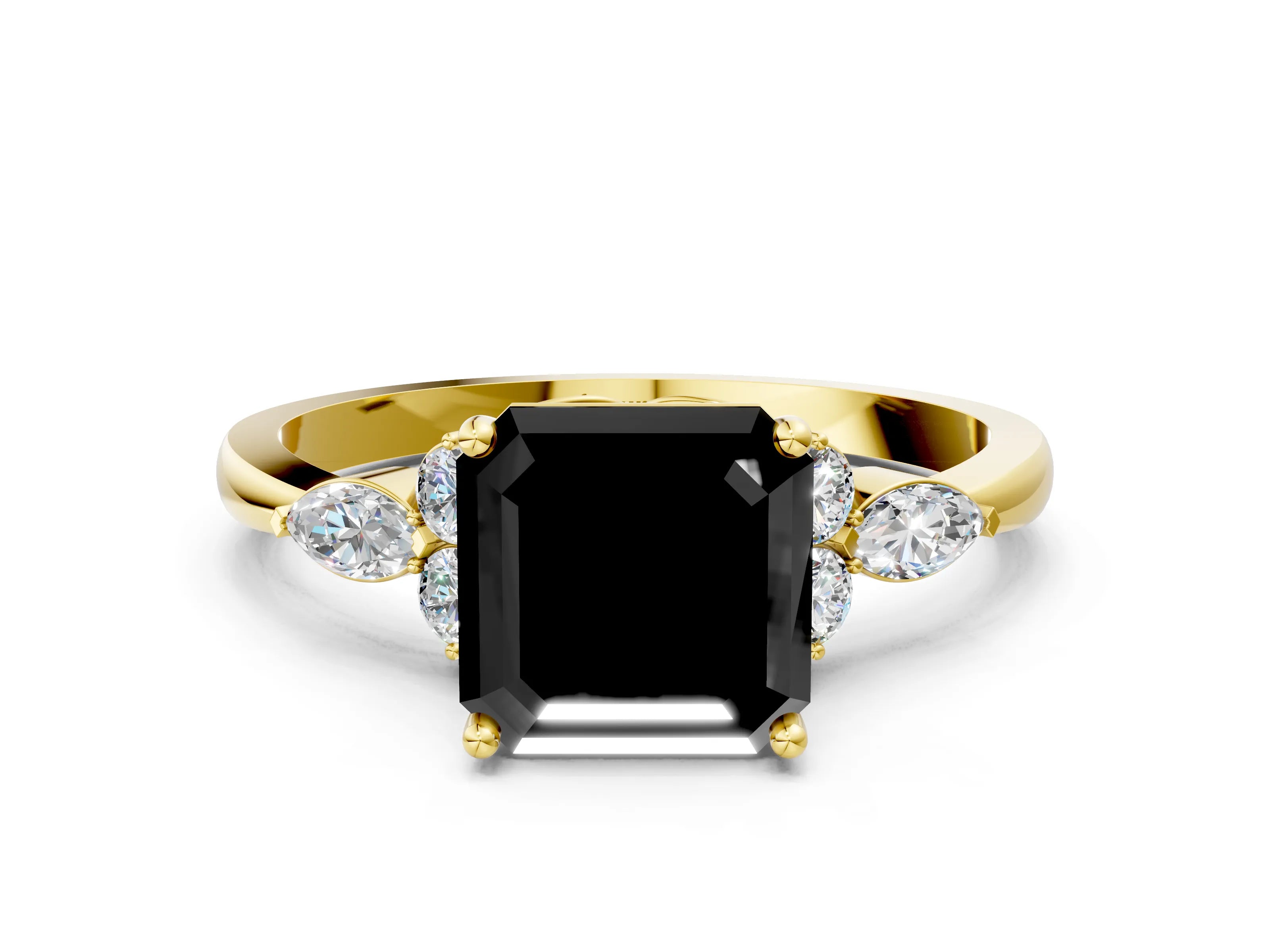 Yellow gold Fancy Black Asscher Cut Brilliant Diamond Solitaire Ring with Pear Side Stones and Four-Prong Setting_3