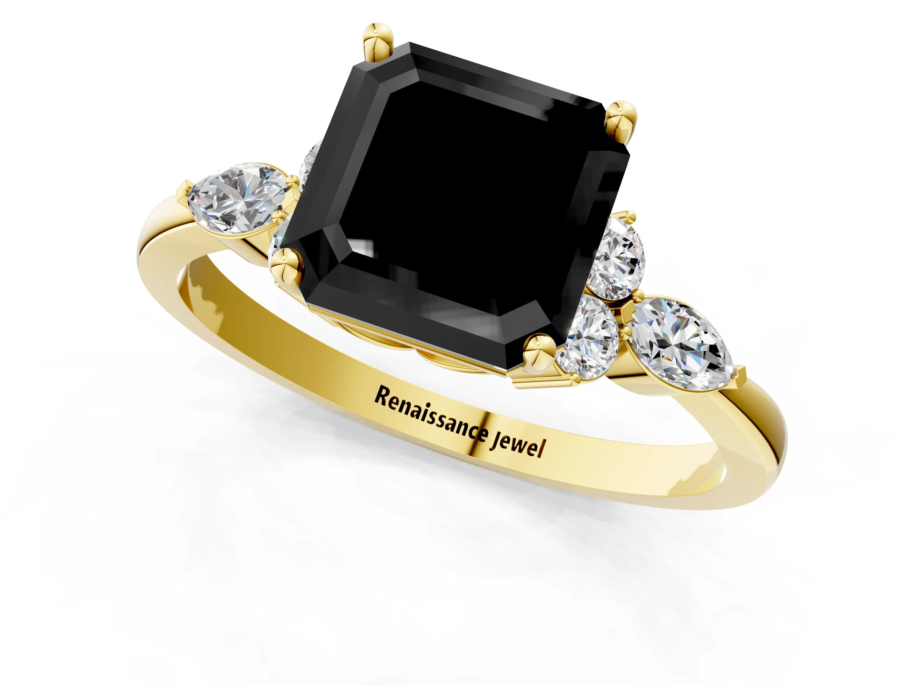 Yellow gold Fancy Black Asscher Cut Brilliant Diamond Solitaire Ring with Pear Side Stones and Four-Prong Setting_4