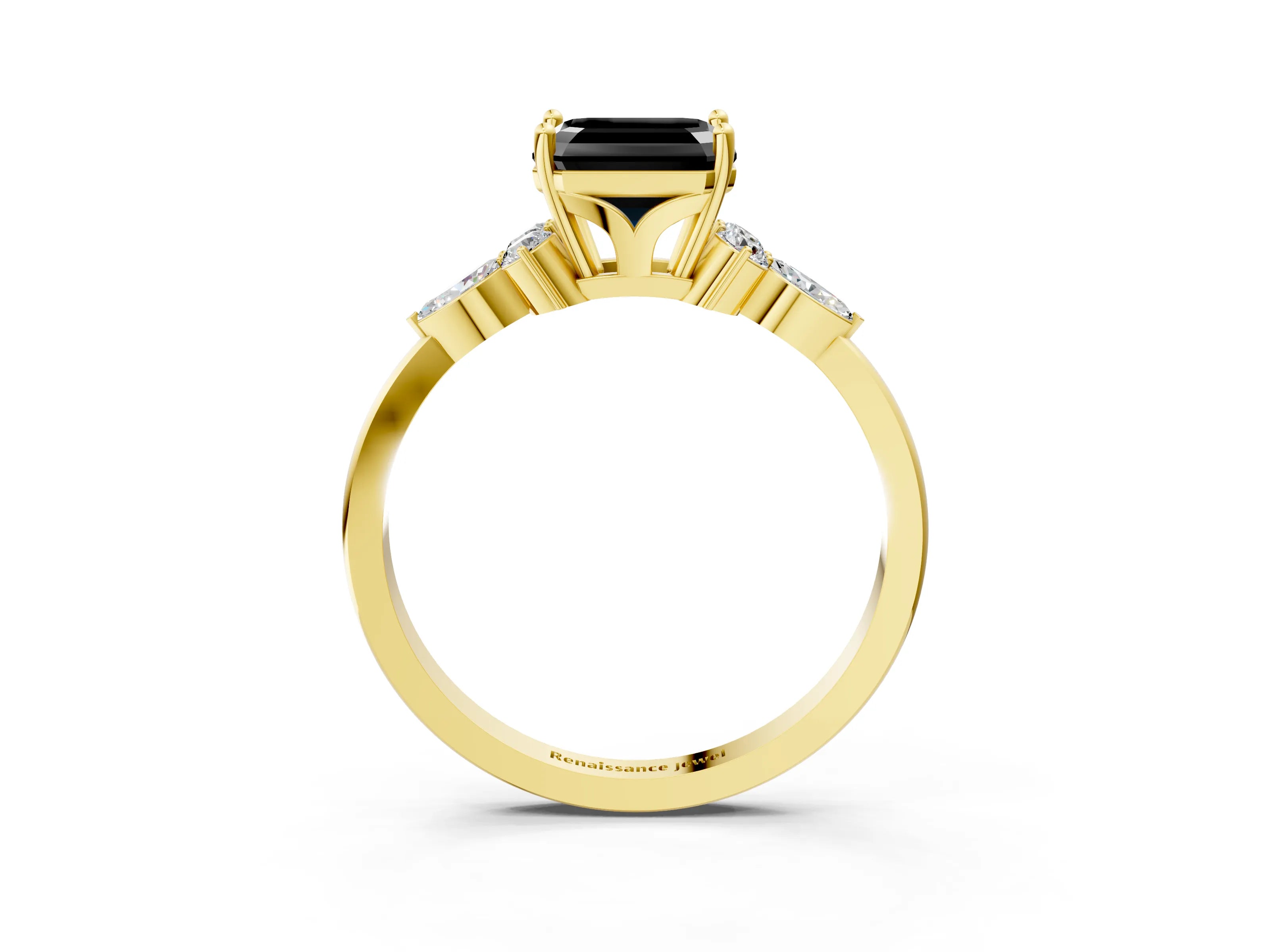 Yellow gold Fancy Black Asscher Cut Brilliant Diamond Solitaire Ring with Pear Side Stones and Four-Prong Setting_6
