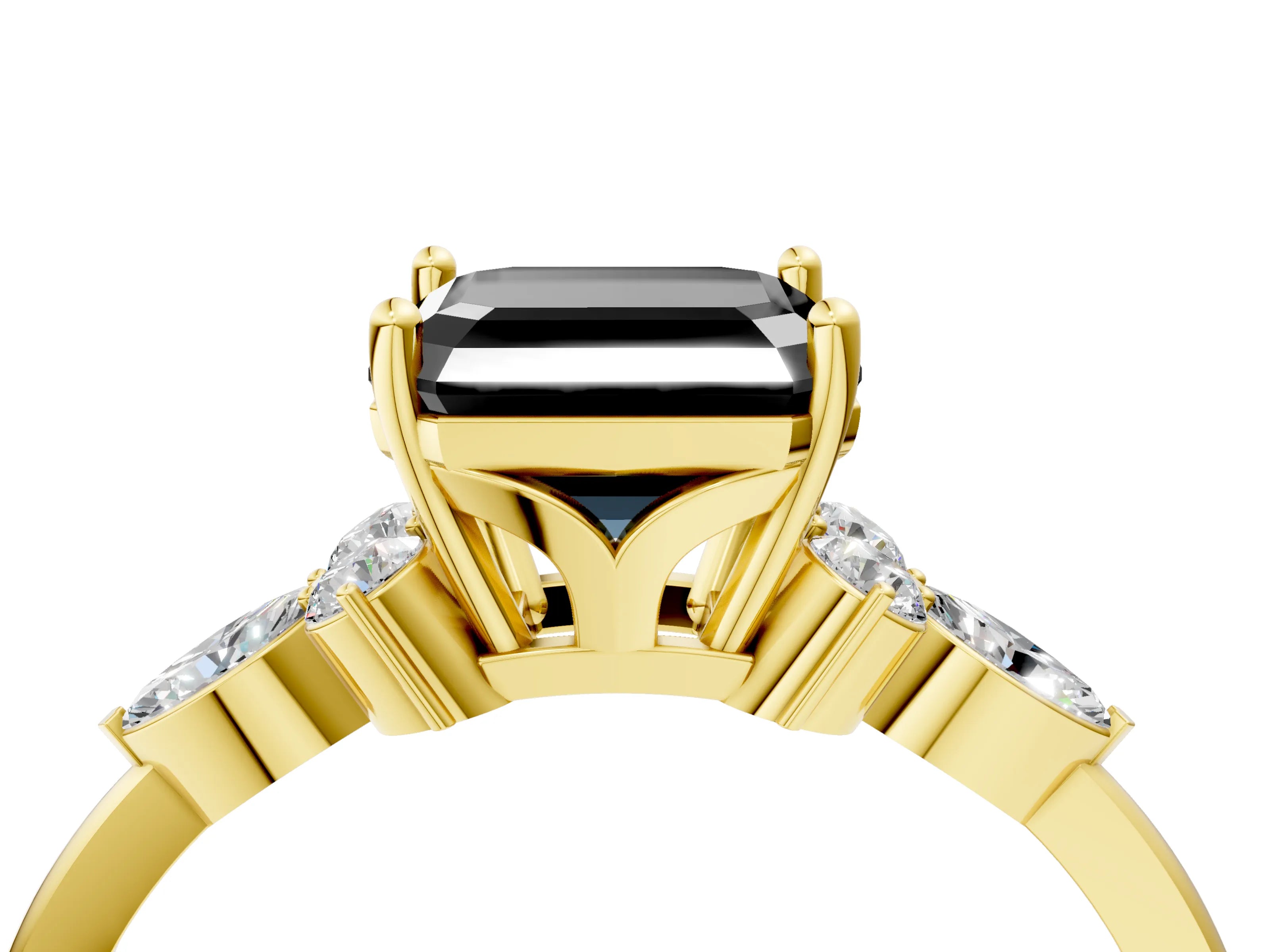 Yellow gold Fancy Black Asscher Cut Brilliant Diamond Solitaire Ring with Pear Side Stones and Four-Prong Setting_7