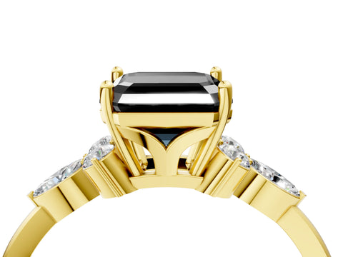Yellow gold Fancy Black Asscher Cut Brilliant Diamond Solitaire Ring with Pear Side Stones and Four-Prong Setting_7
