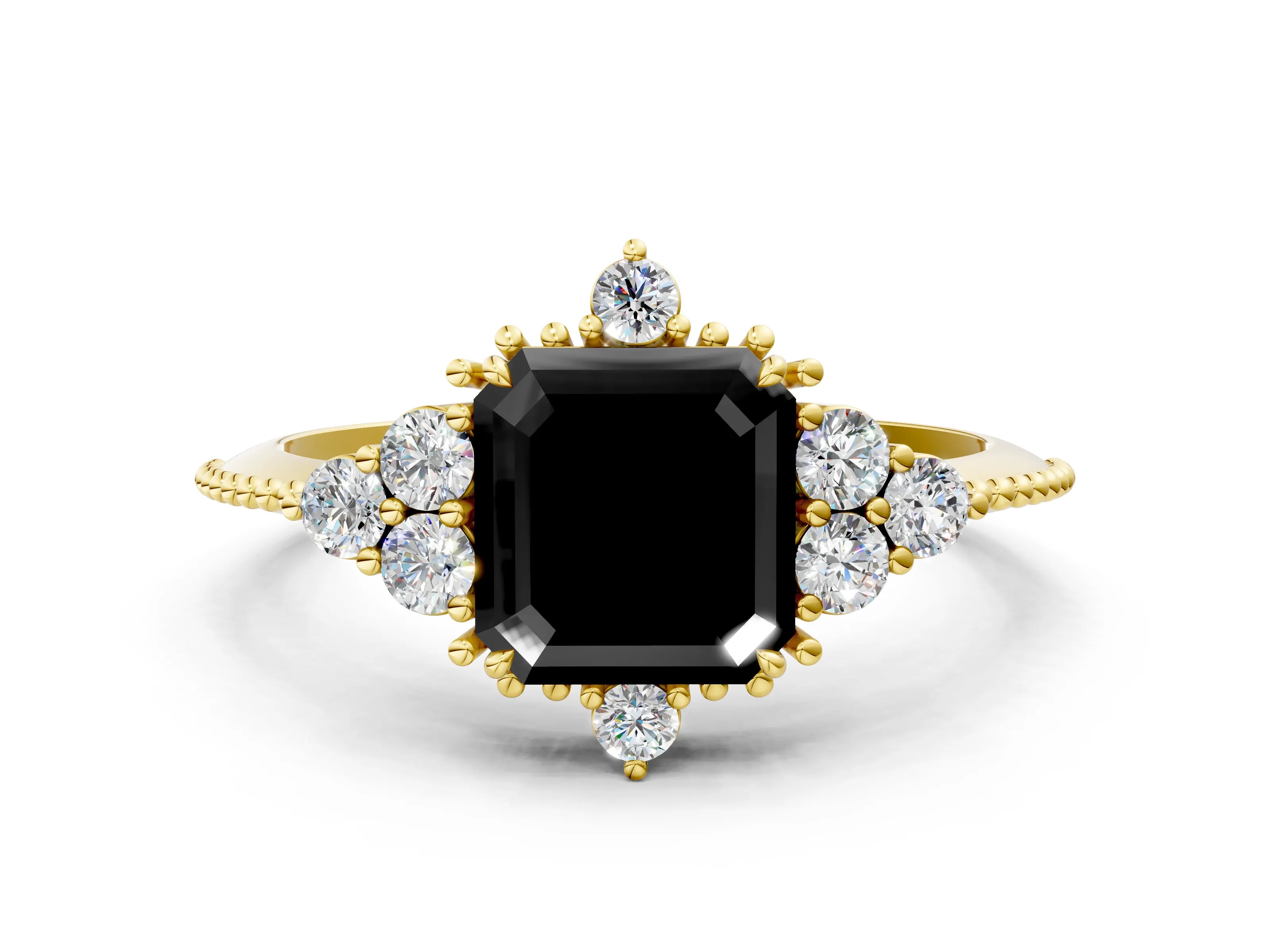 Yellow gold Fancy Black Asscher Cut Brilliant Diamond with Cluster Setting on a Beaded Band and Four-Prong Setting