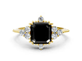 Yellow gold Fancy Black Asscher Cut Brilliant Diamond with Cluster Setting on a Beaded Band and Four-Prong Setting