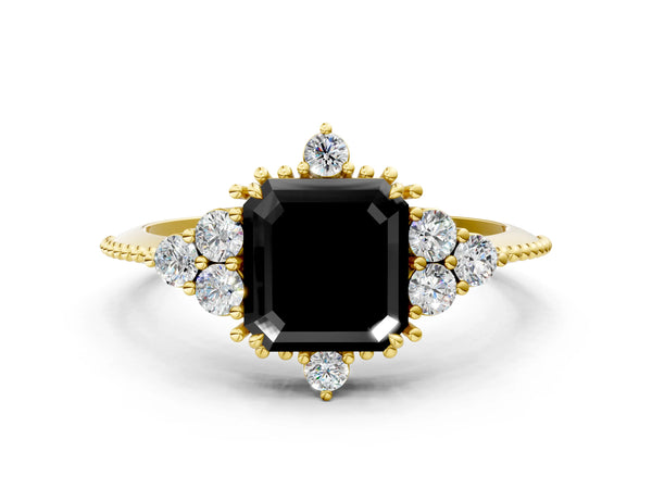 Yellow Gold Asscher Cut Vintage Cluster Engagement Ring Setting for Black Center with Beaded Band