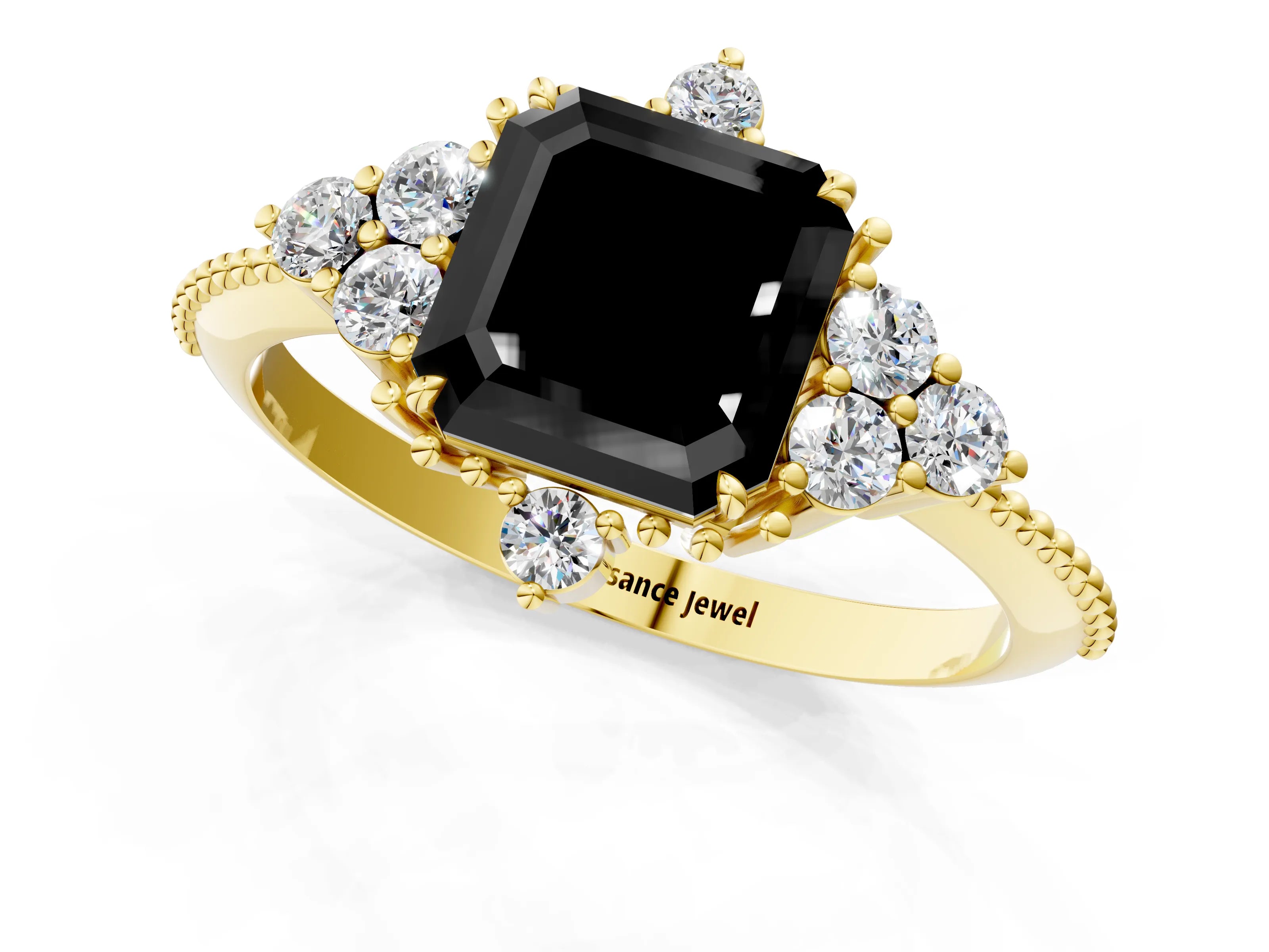 Yellow gold Fancy Black Asscher Cut Brilliant Diamond with Cluster Setting on a Beaded Band and Four-Prong Setting_1