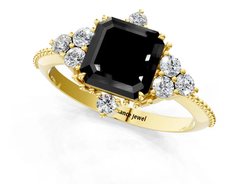 Yellow gold Fancy Black Asscher Cut Brilliant Diamond with Cluster Setting on a Beaded Band and Four-Prong Setting_1