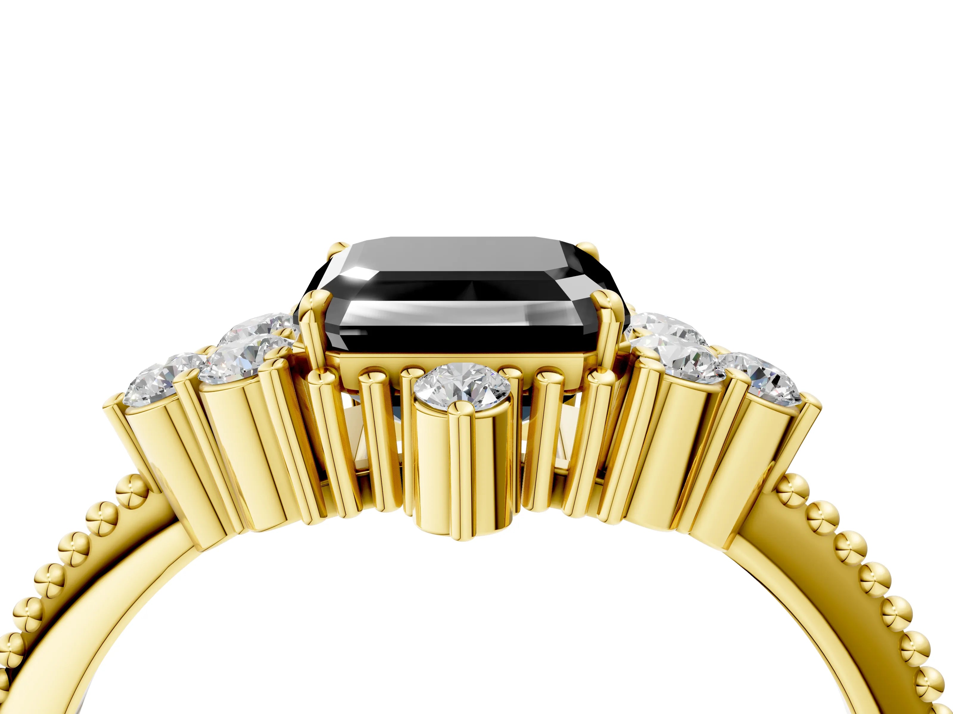 Yellow gold Fancy Black Asscher Cut Brilliant Diamond with Cluster Setting on a Beaded Band and Four-Prong Setting_4