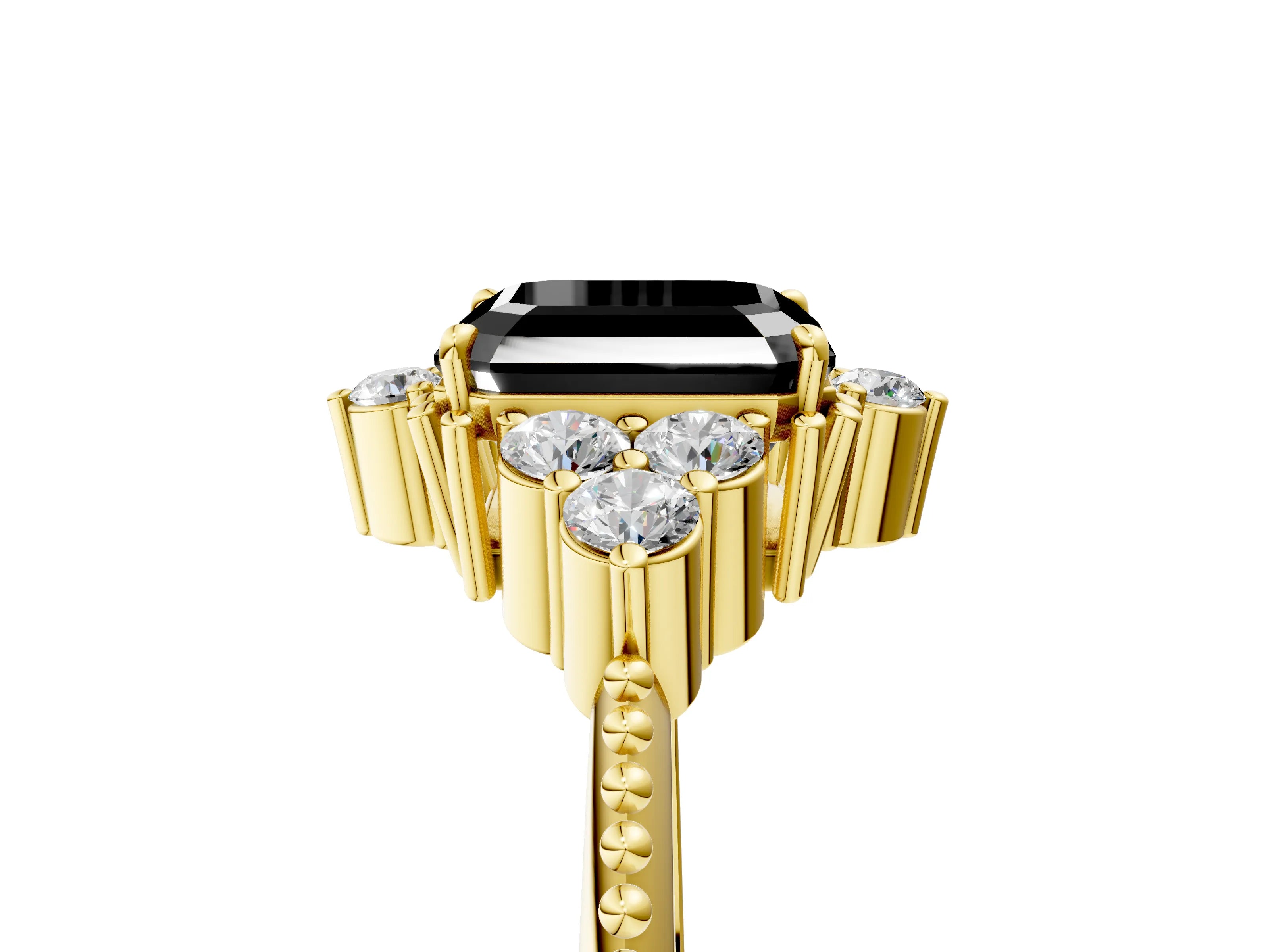 Yellow gold Fancy Black Asscher Cut Brilliant Diamond with Cluster Setting on a Beaded Band and Four-Prong Setting_5