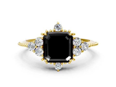 Yellow gold Fancy Black Asscher Cut Brilliant Diamond with Cluster Setting on a Beaded Band and Four-Prong Setting