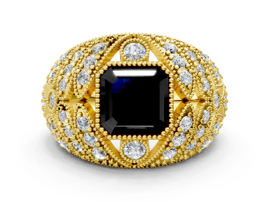 Yellow gold Fancy Black Asscher Cut Brilliant Halo Pave Diamond Milgrain Ring