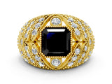 Yellow gold Fancy Black Asscher Cut Brilliant Halo Pave Diamond Milgrain Ring
