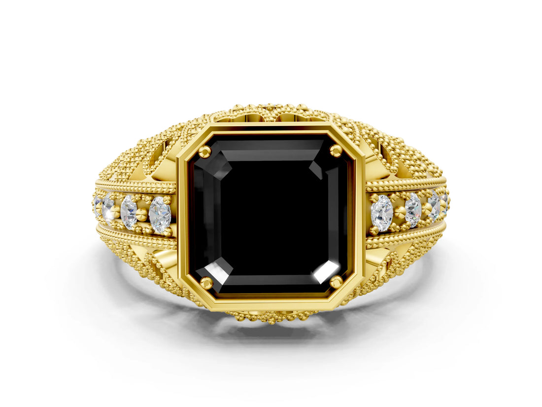 Yellow gold Fancy Black Asscher Cut Brilliant Milgrain Filigree Diamond Ring with Square Prong Setting