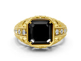 Yellow gold Fancy Black Asscher Cut Brilliant Milgrain Filigree Diamond Ring with Square Prong Setting