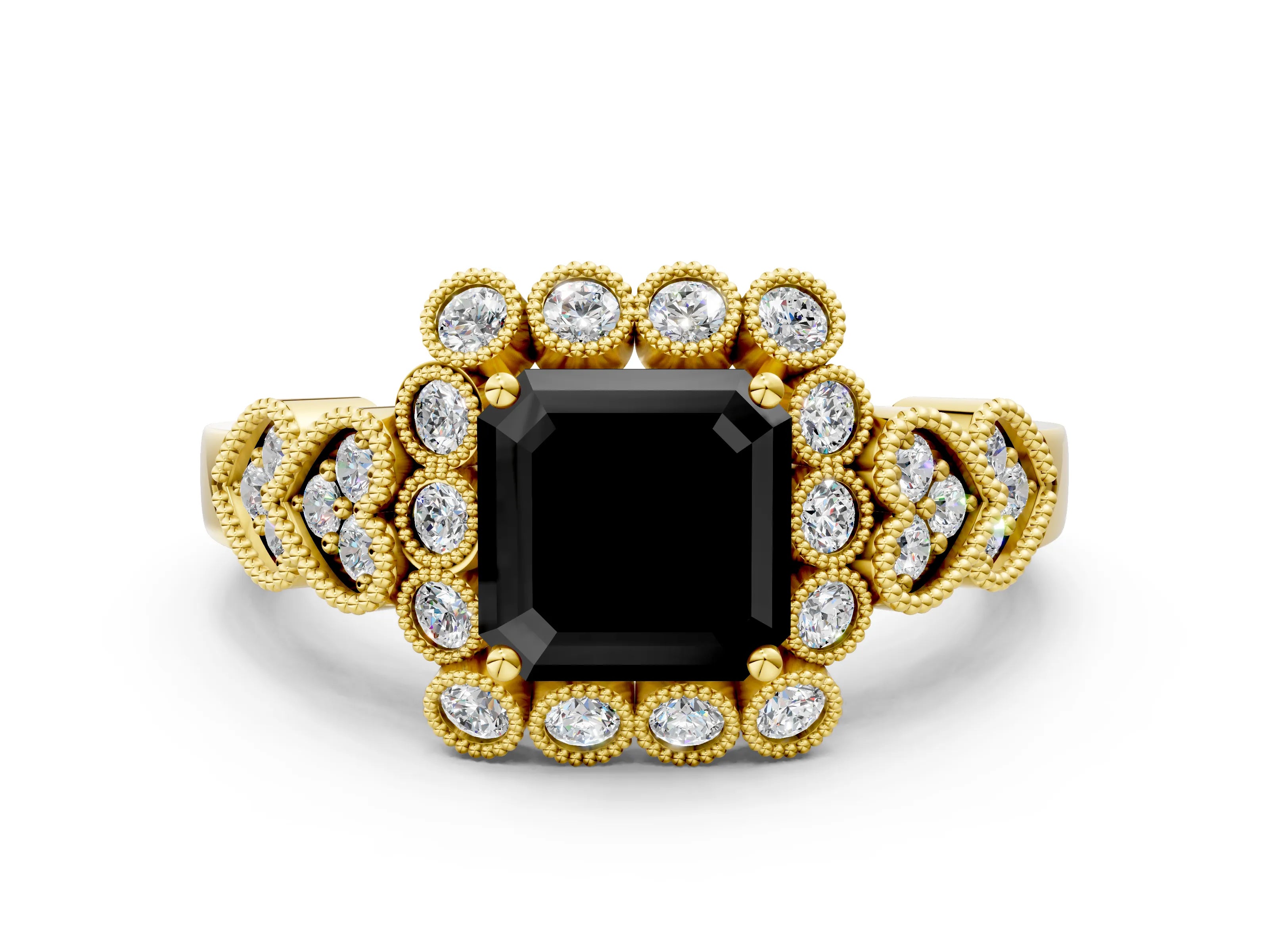 Yellow gold Fancy Black Asscher Cut Brilliant Milgrain Pave Heart Band Solitaire Ring