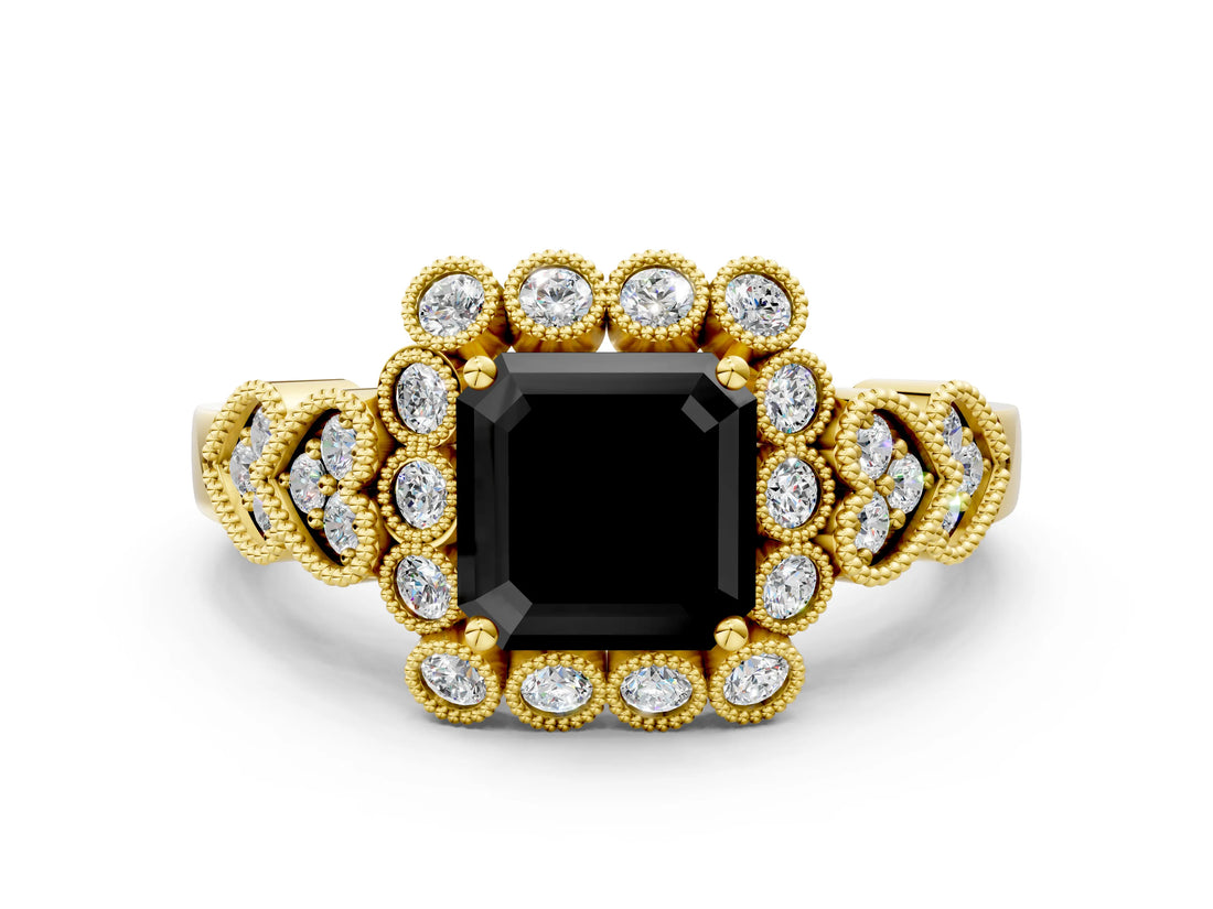 Yellow gold Fancy Black Asscher Cut Brilliant Milgrain Pave Heart Band Solitaire Ring