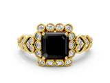 Yellow gold Fancy Black Asscher Cut Brilliant Milgrain Pave Heart Band Solitaire Ring