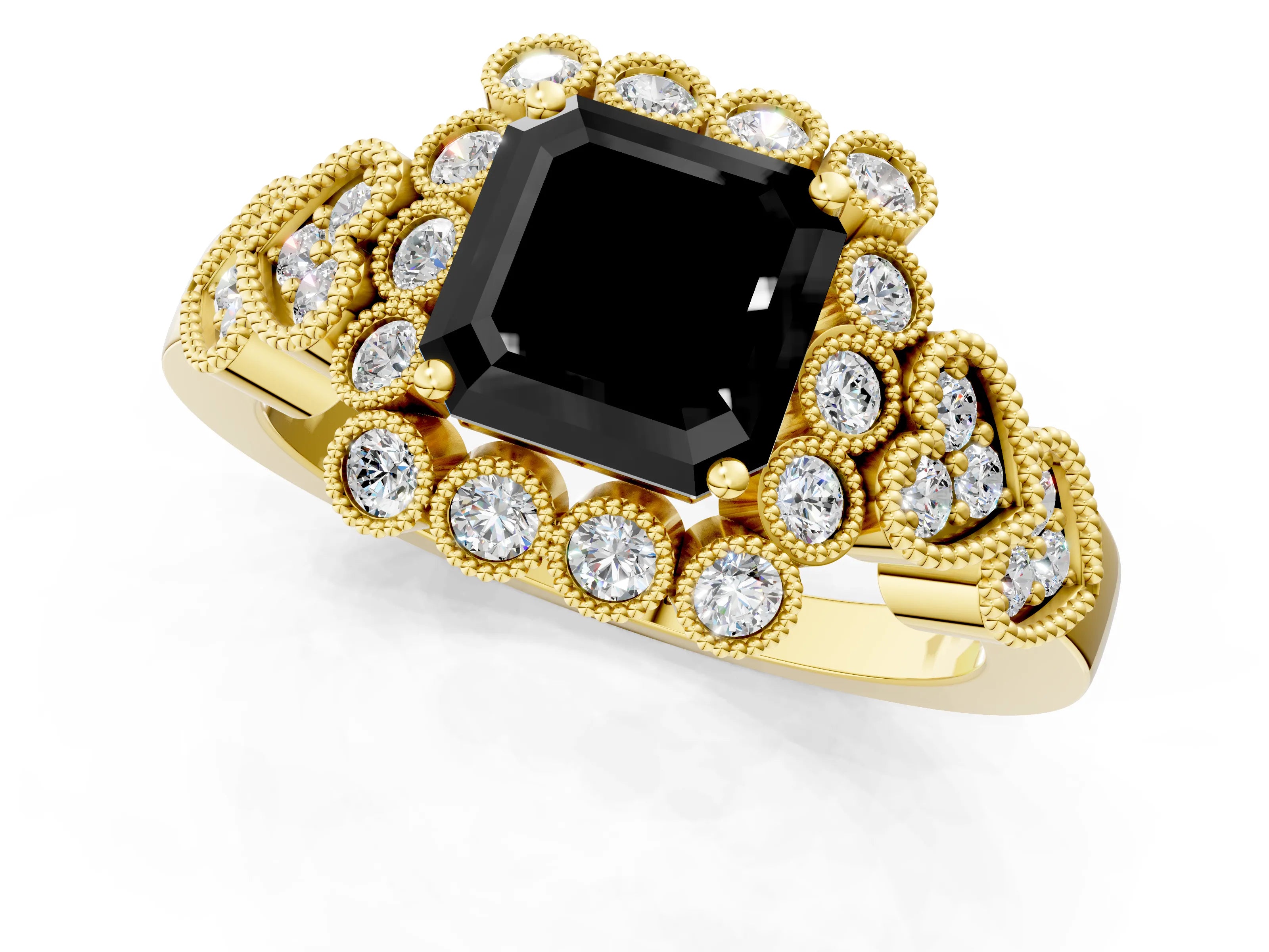 Yellow gold Fancy Black Asscher Cut Brilliant Milgrain Pave Heart Band Solitaire Ring_1