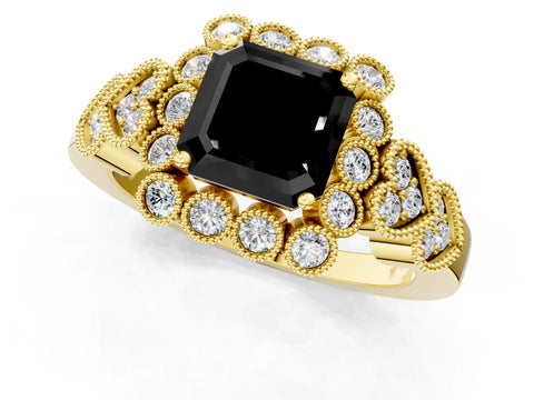 Yellow gold Fancy Black Asscher Cut Brilliant Milgrain Pave Heart Band Solitaire Ring_1