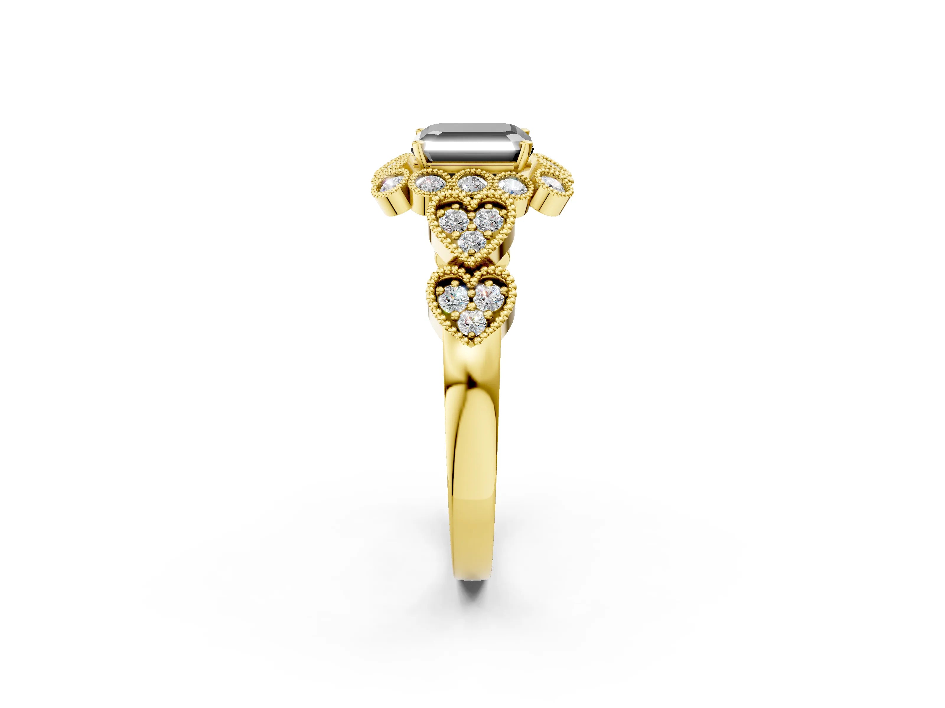 Yellow gold Fancy Black Asscher Cut Brilliant Milgrain Pave Heart Band Solitaire Ring_2