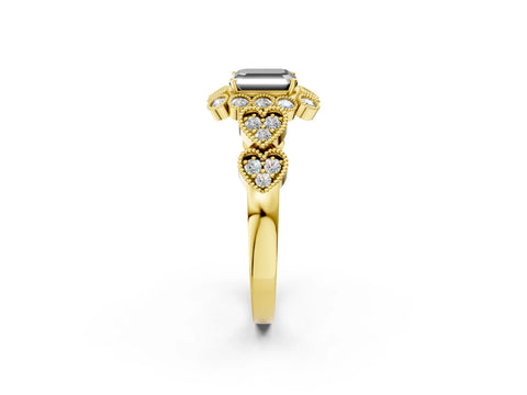 Yellow gold Fancy Black Asscher Cut Brilliant Milgrain Pave Heart Band Solitaire Ring_2