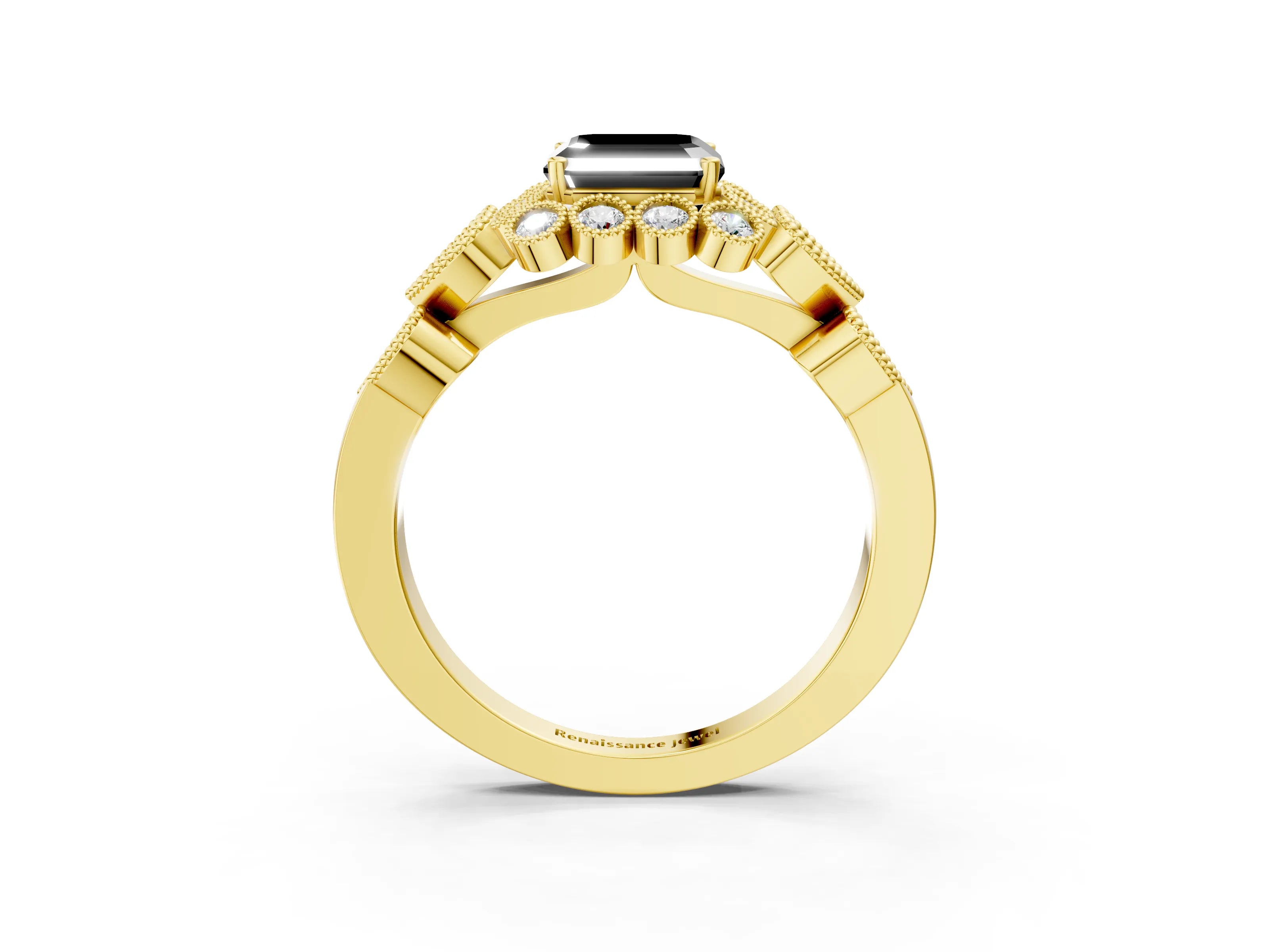 Yellow gold Fancy Black Asscher Cut Brilliant Milgrain Pave Heart Band Solitaire Ring_3
