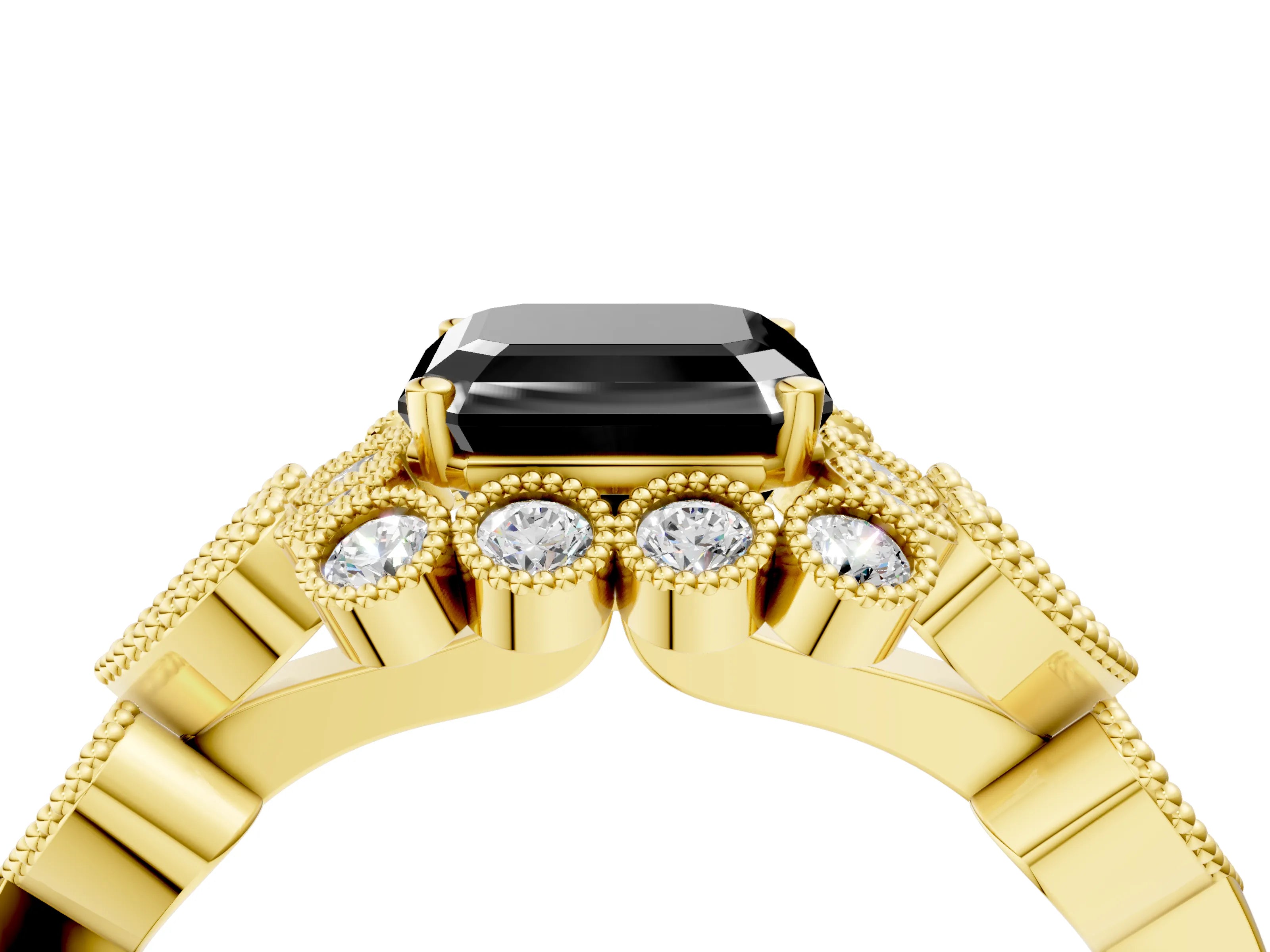 Yellow gold Fancy Black Asscher Cut Brilliant Milgrain Pave Heart Band Solitaire Ring_4