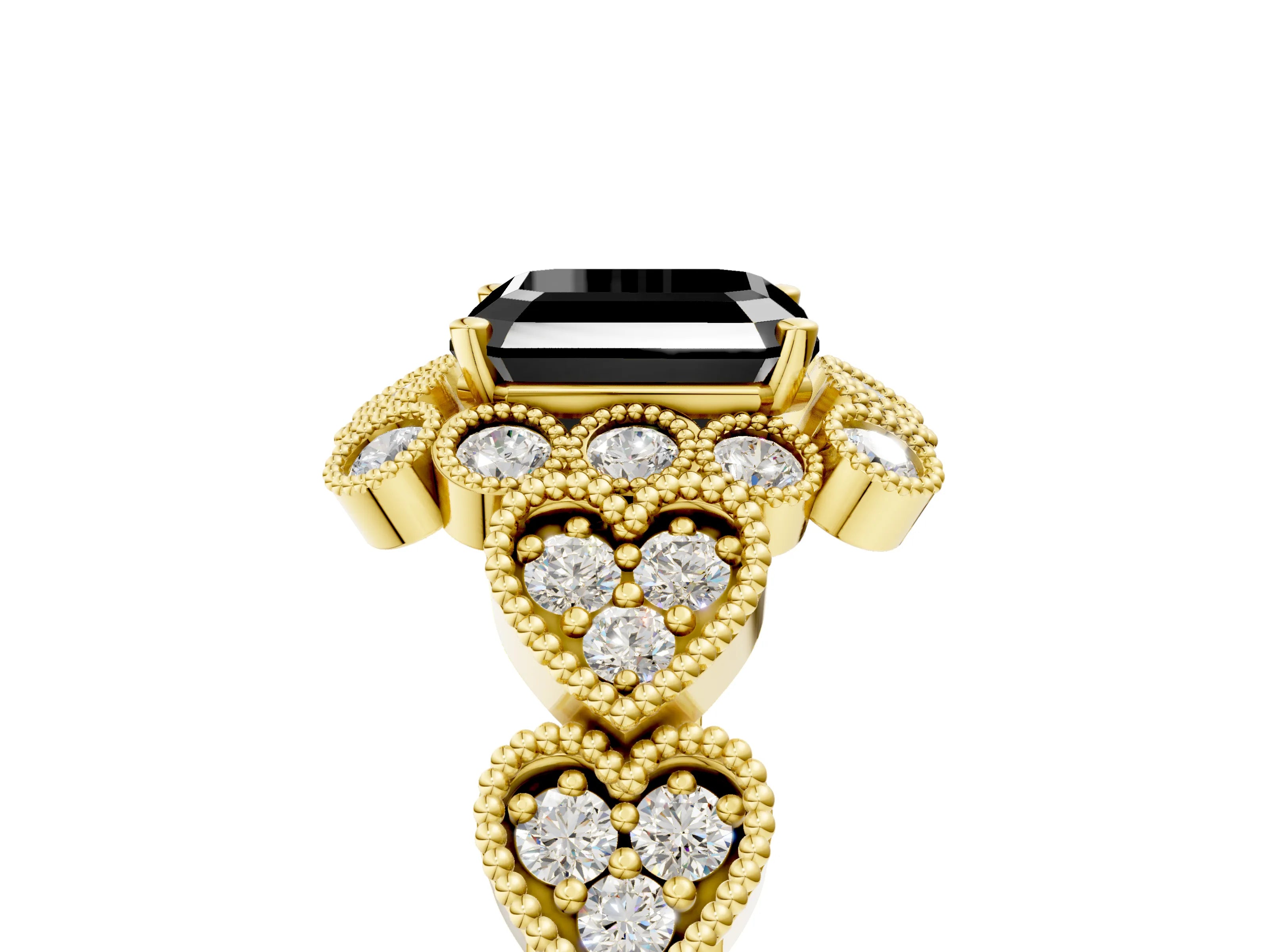 Yellow gold Fancy Black Asscher Cut Brilliant Milgrain Pave Heart Band Solitaire Ring_5