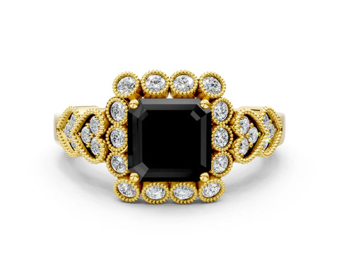 Yellow gold Fancy Black Asscher Cut Brilliant Milgrain Pave Heart Band Solitaire Ring