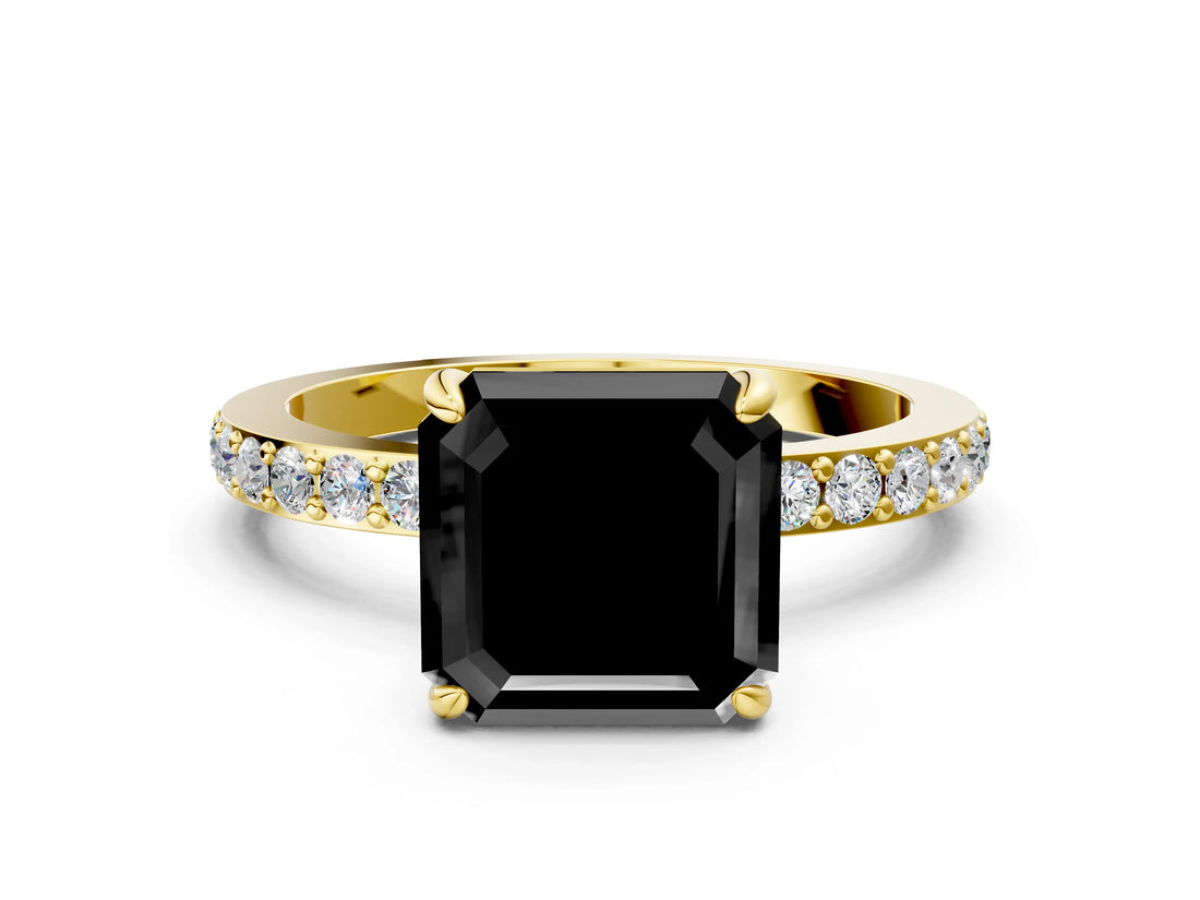 Yellow gold Fancy Black Asscher Cut Brilliant Pavé Band Solitaire with Four-Prong Setting