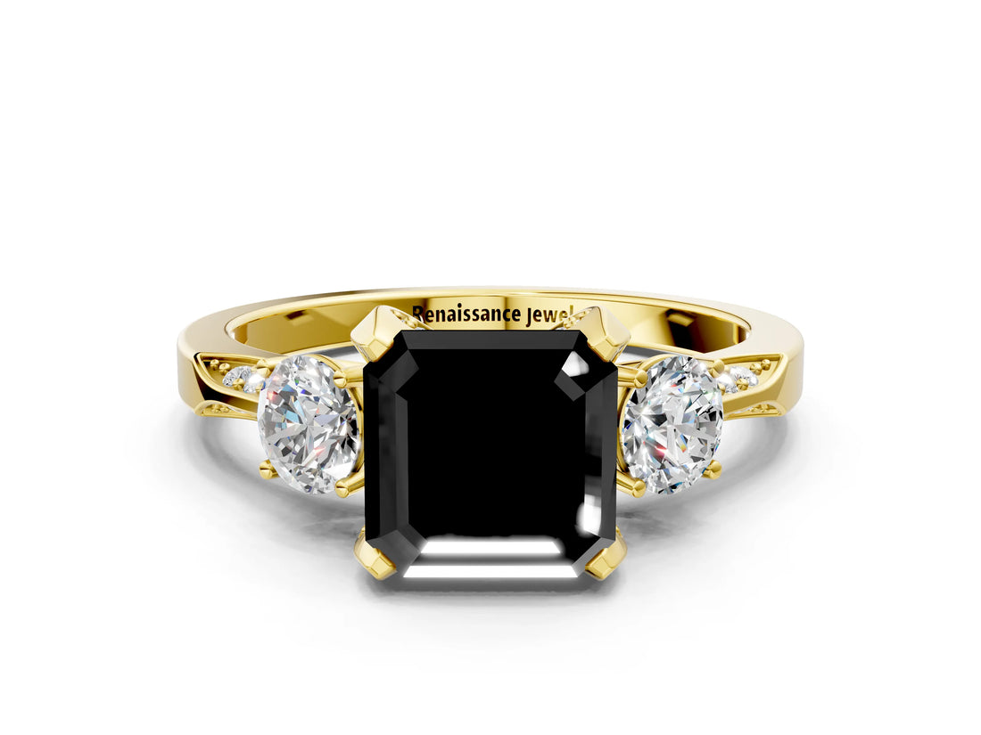 Yellow gold Fancy Black Asscher Cut Brilliant Three-Stone Diamond Ring with Pavé Band and Four-Prong Setting_3