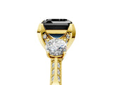 Yellow gold Fancy Black Asscher Cut Brilliant Three-Stone Diamond Ring with Pavé Band and Four-Prong Setting_8