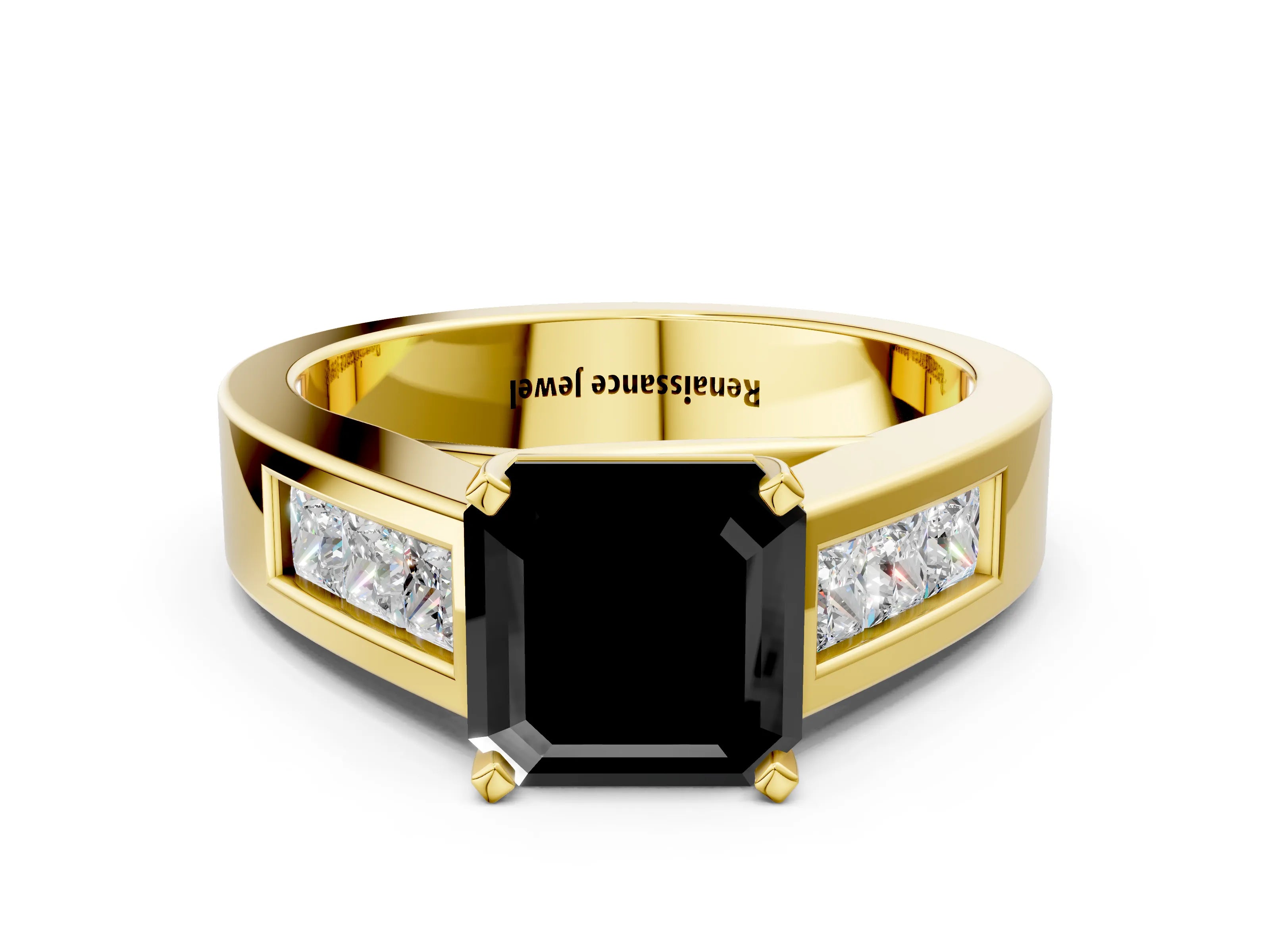 Yellow gold Fancy Black Asscher Cut Cut Channel Set Solitaire Ring with Four-Prong Setting