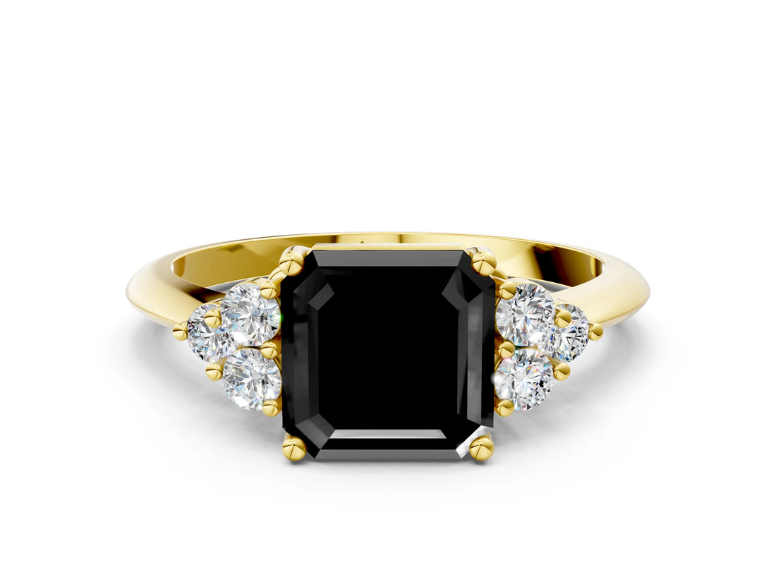 Yellow gold Fancy Black Asscher Cut Cut Diamond Cluster Ring with Solitaire Band and Four-Prong Setting