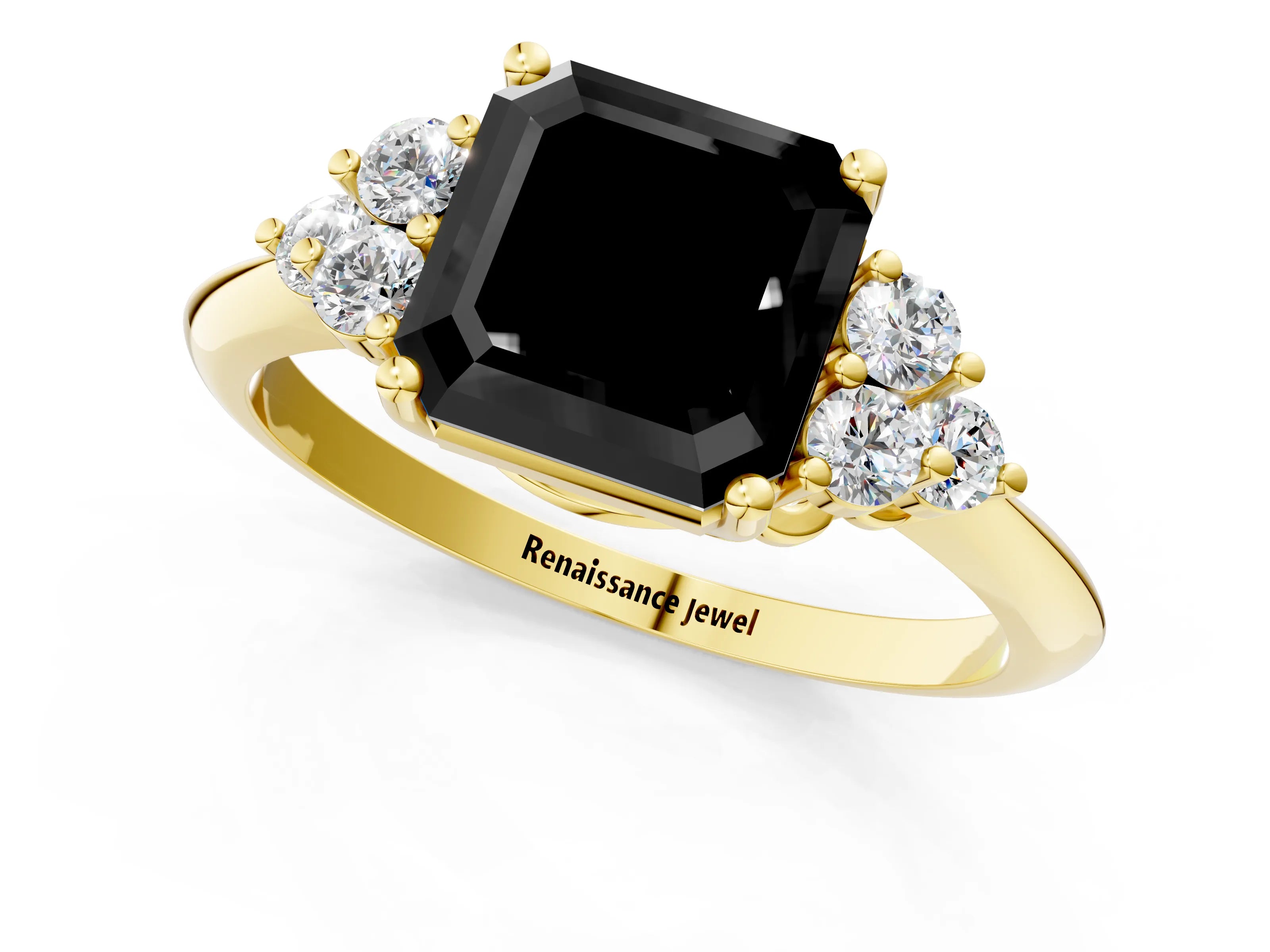 Yellow gold Fancy Black Asscher Cut Cut Diamond Cluster Ring with Solitaire Band and Four-Prong Setting_1