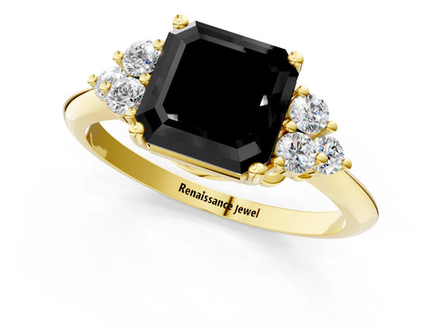Yellow gold Fancy Black Asscher Cut Cut Diamond Cluster Ring with Solitaire Band and Four-Prong Setting_1