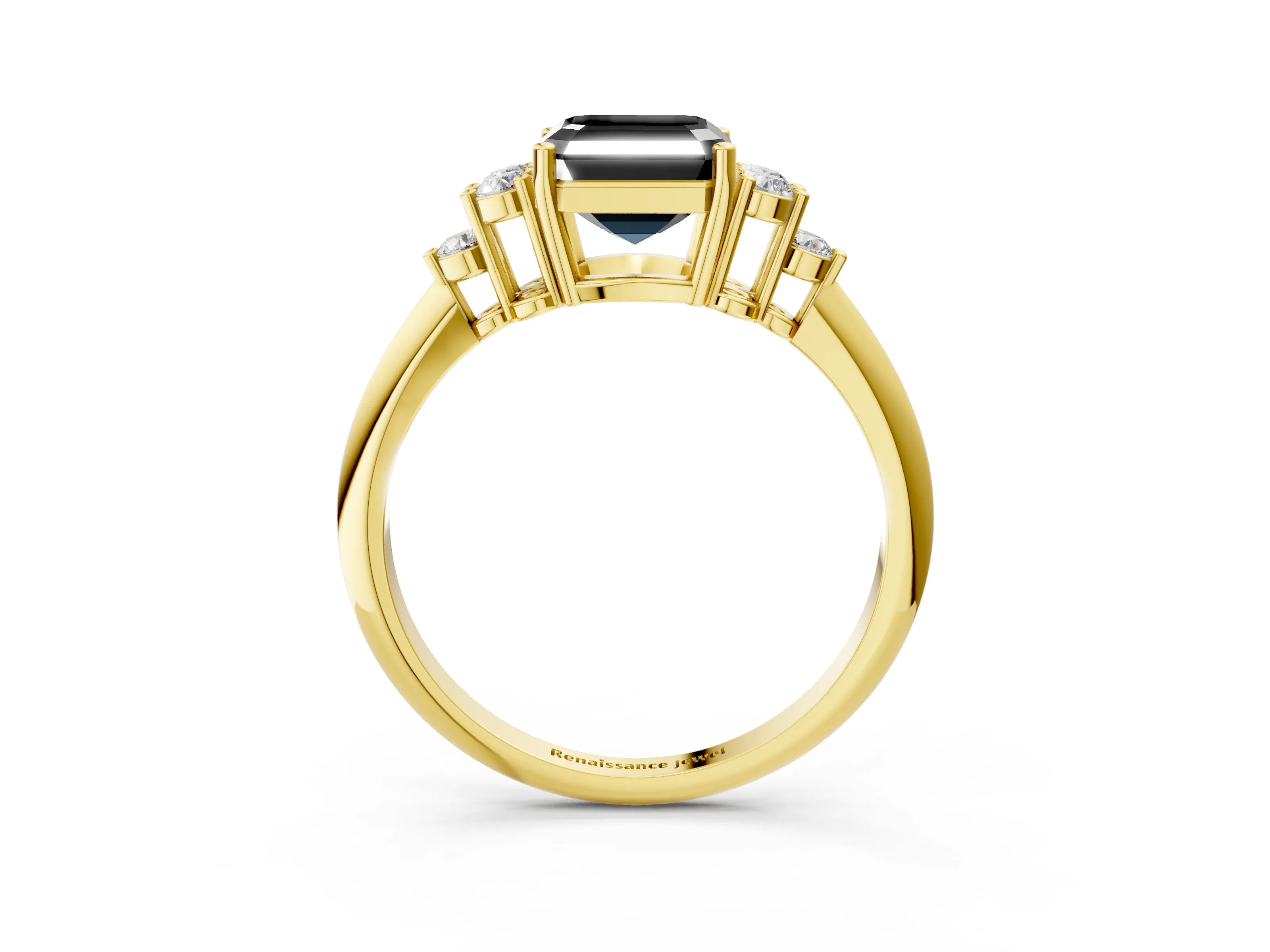 Yellow gold Fancy Black Asscher Cut Cut Diamond Cluster Ring with Solitaire Band and Four-Prong Setting_3