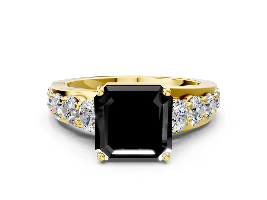 Yellow gold Fancy Black Asscher Cut Cut Diamond Engagement Ring with Pavé Band and Four-Prong Setting