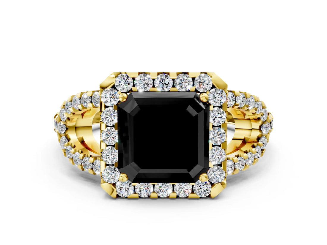 Yellow gold Fancy Black Asscher Cut Cut Diamond Halo Engagement Ring with Open Split Pavé Band
