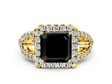 Yellow gold Fancy Black Asscher Cut Cut Diamond Halo Engagement Ring with Open Split Pavé Band