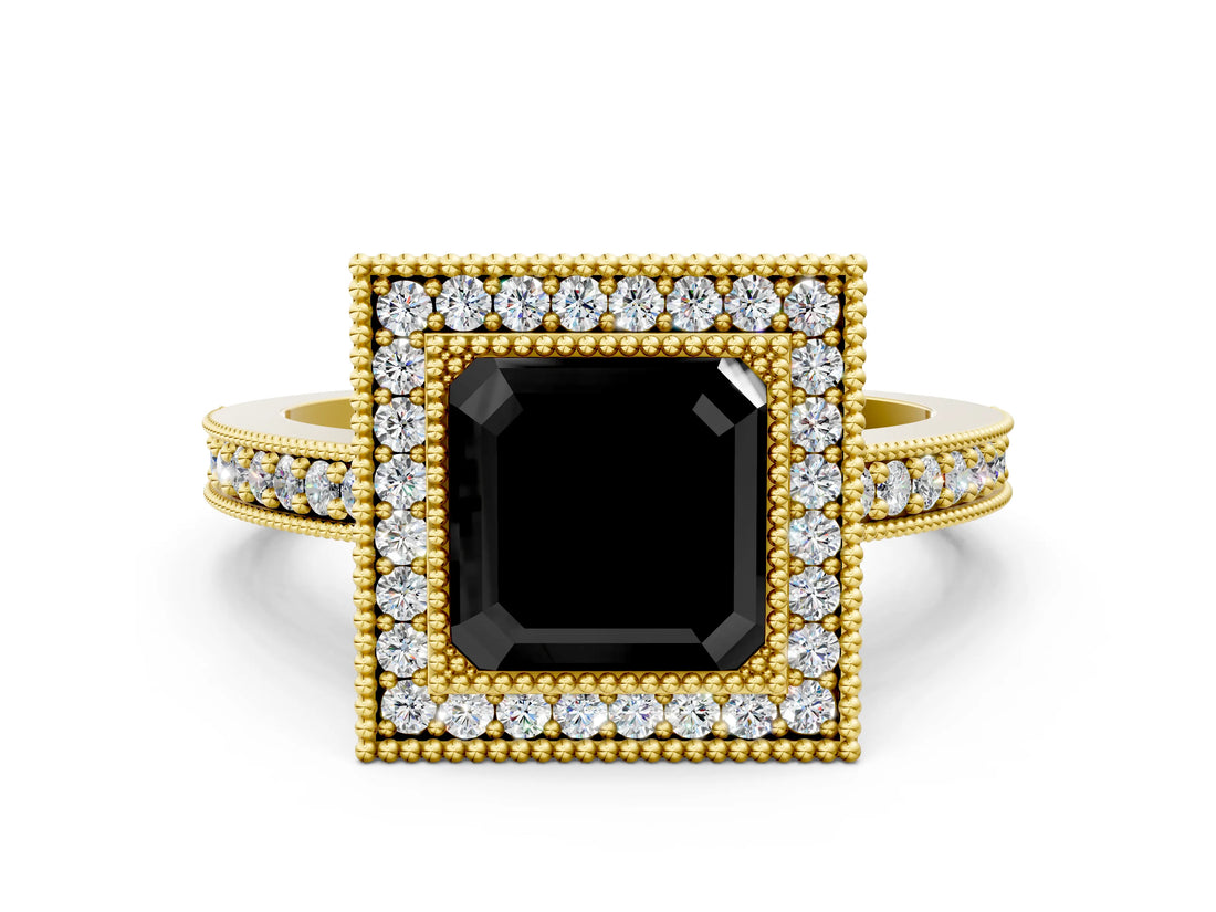 Yellow gold Fancy Black Asscher Cut-Cut Diamond Halo Engagement Ring with Pave Band and Prong Setting
