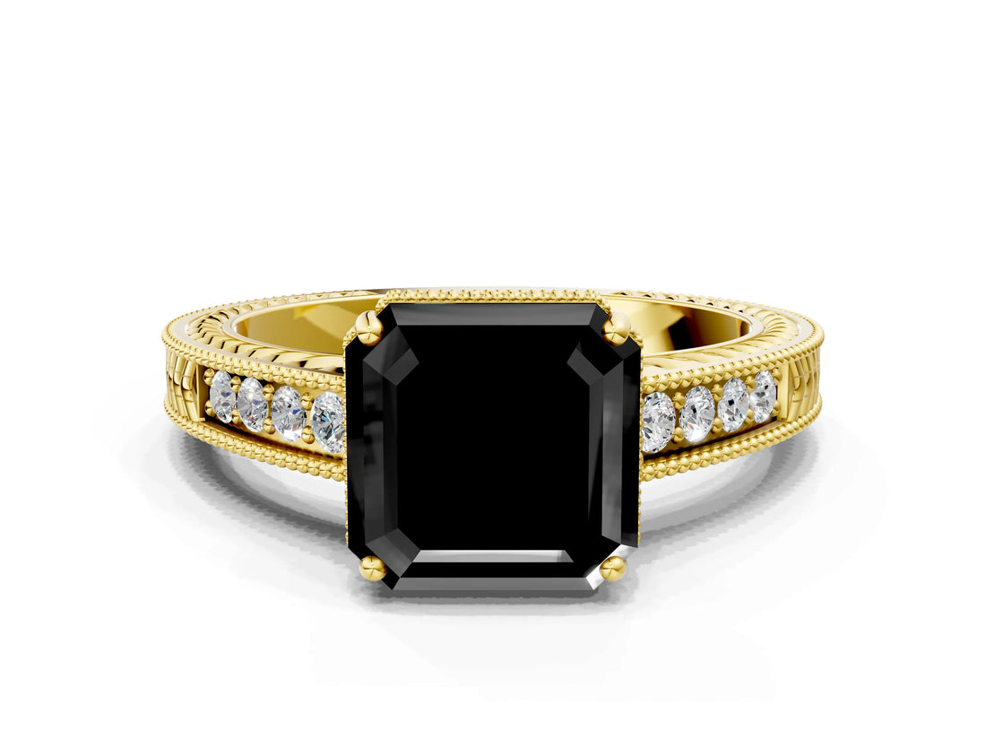 Yellow gold Fancy Black Asscher Cut Cut Diamond Milgrain Pave Band Four-Prong Setting Ring_3