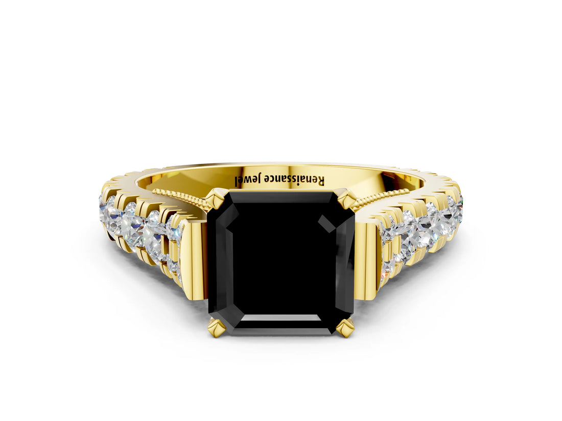 Yellow gold Fancy Black Asscher Cut Cut Diamond Pavé Band Solitaire with Four-Prong Setting