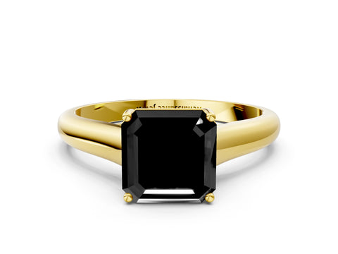 Yellow gold Fancy Black Asscher Cut Cut Diamond Solitaire Engagement Ring with Tapered Plain Band and Four-Prong Setting