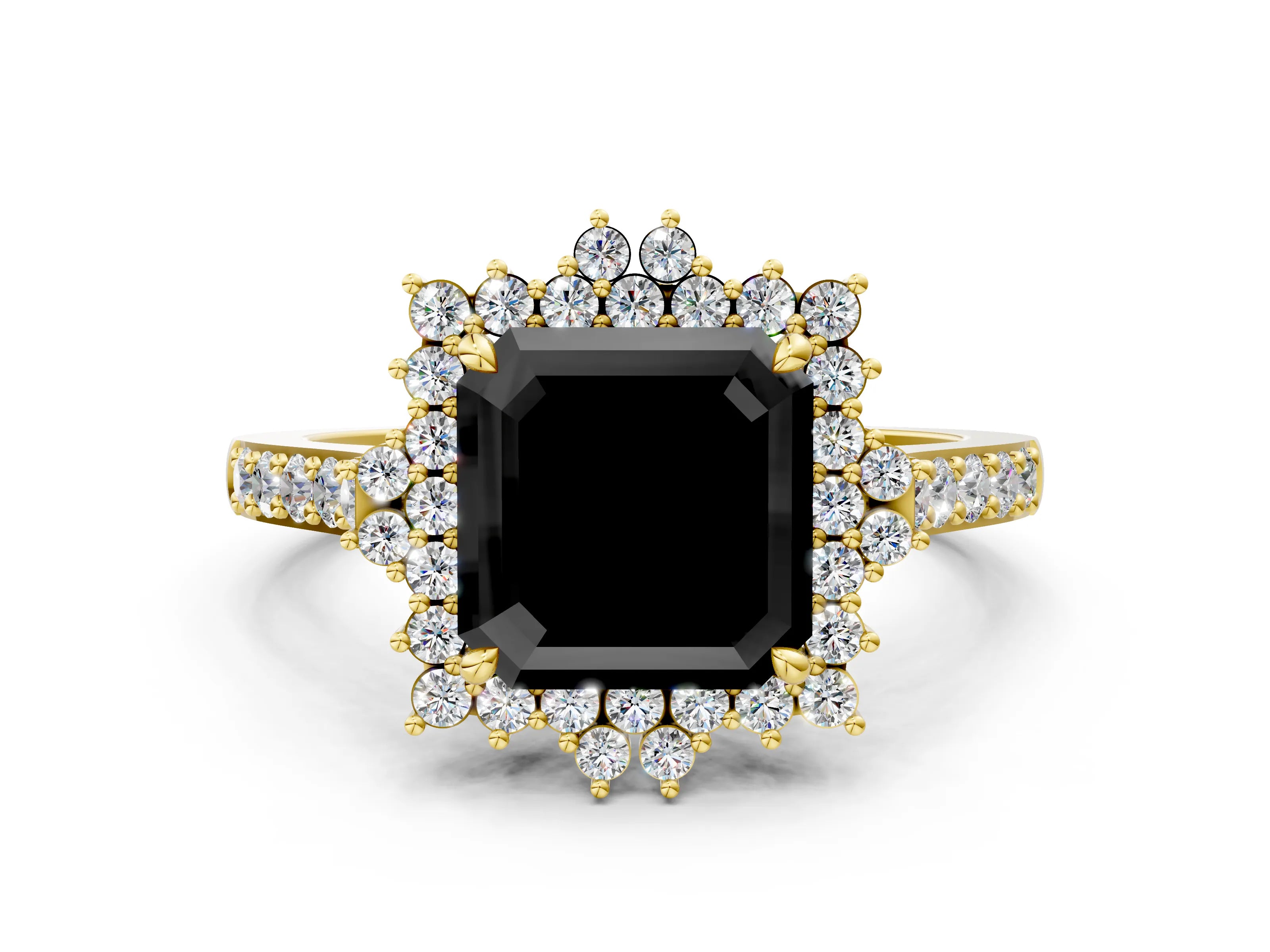 Yellow gold Fancy Black Asscher Cut Cut Diamond Sunburst Halo Engagement Ring with Pavé Band