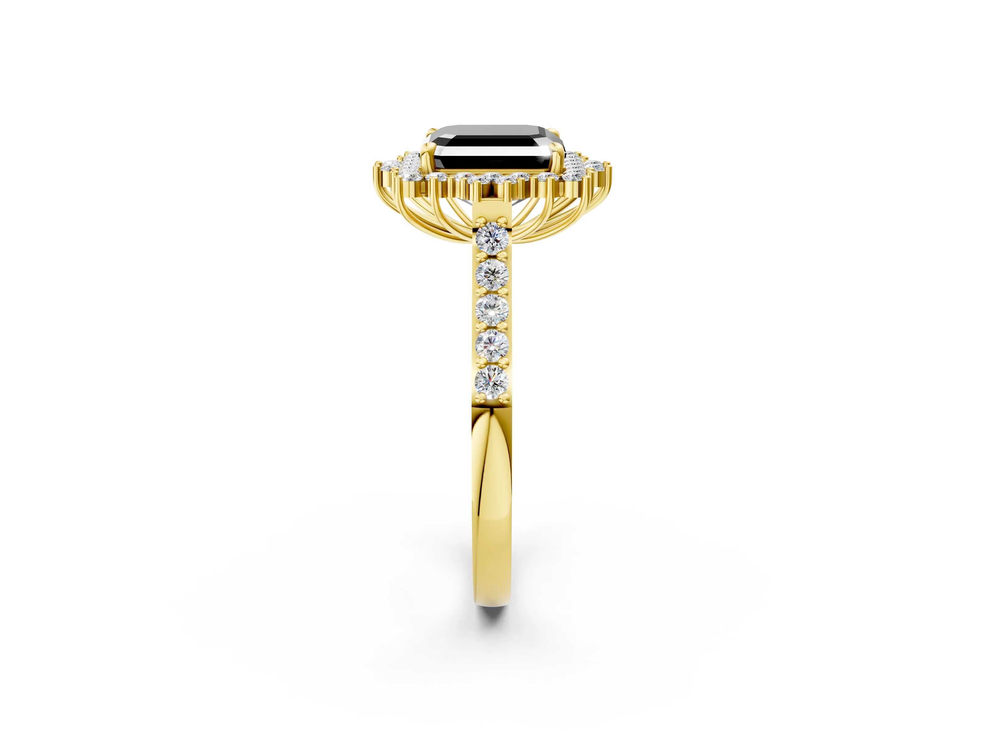 Yellow gold Fancy Black Asscher Cut Cut Diamond Sunburst Halo Engagement Ring with Pavé Band_2