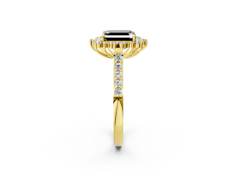 Yellow gold Fancy Black Asscher Cut Cut Diamond Sunburst Halo Engagement Ring with Pavé Band_2