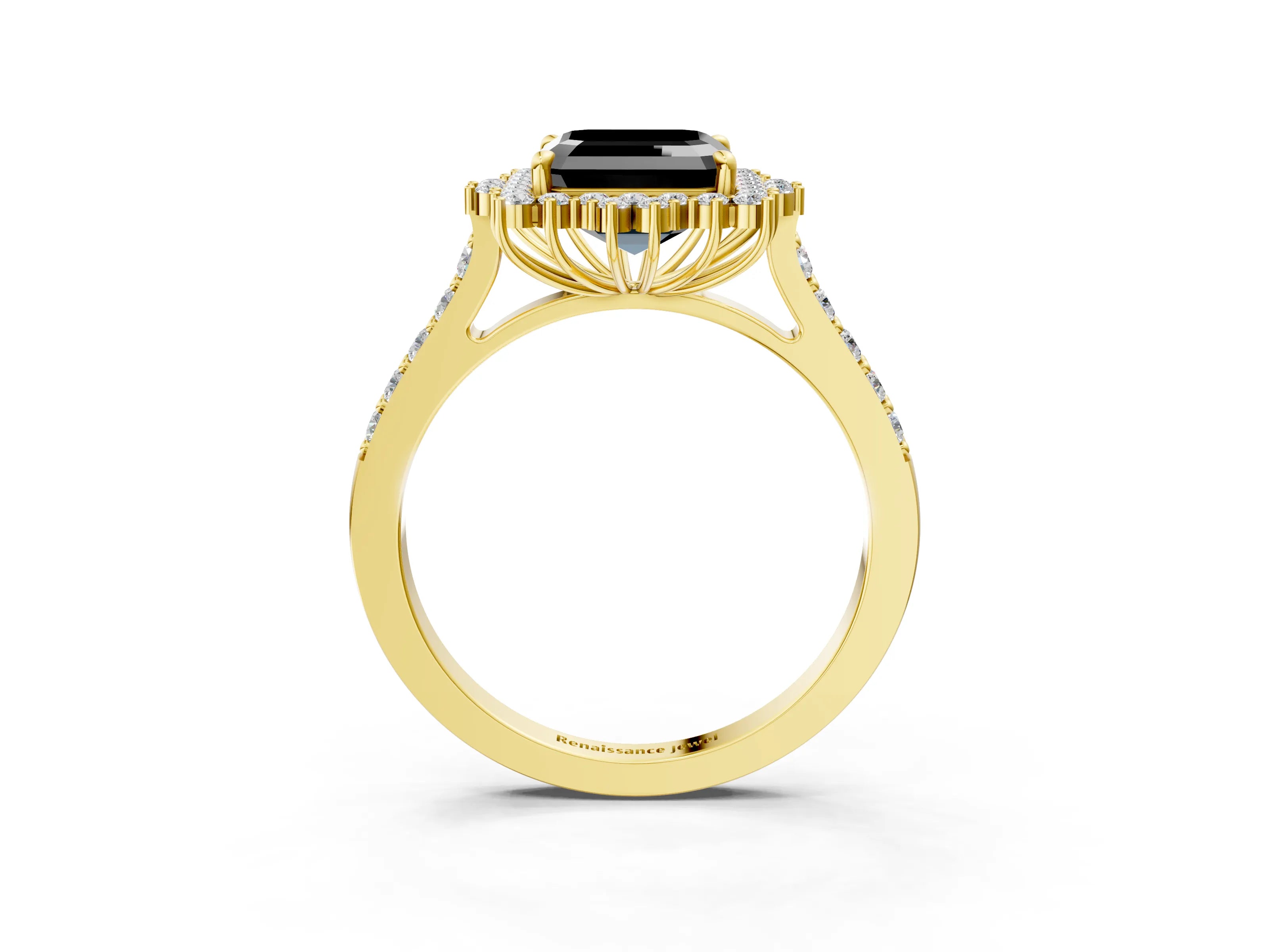 Yellow gold Fancy Black Asscher Cut Cut Diamond Sunburst Halo Engagement Ring with Pavé Band_3