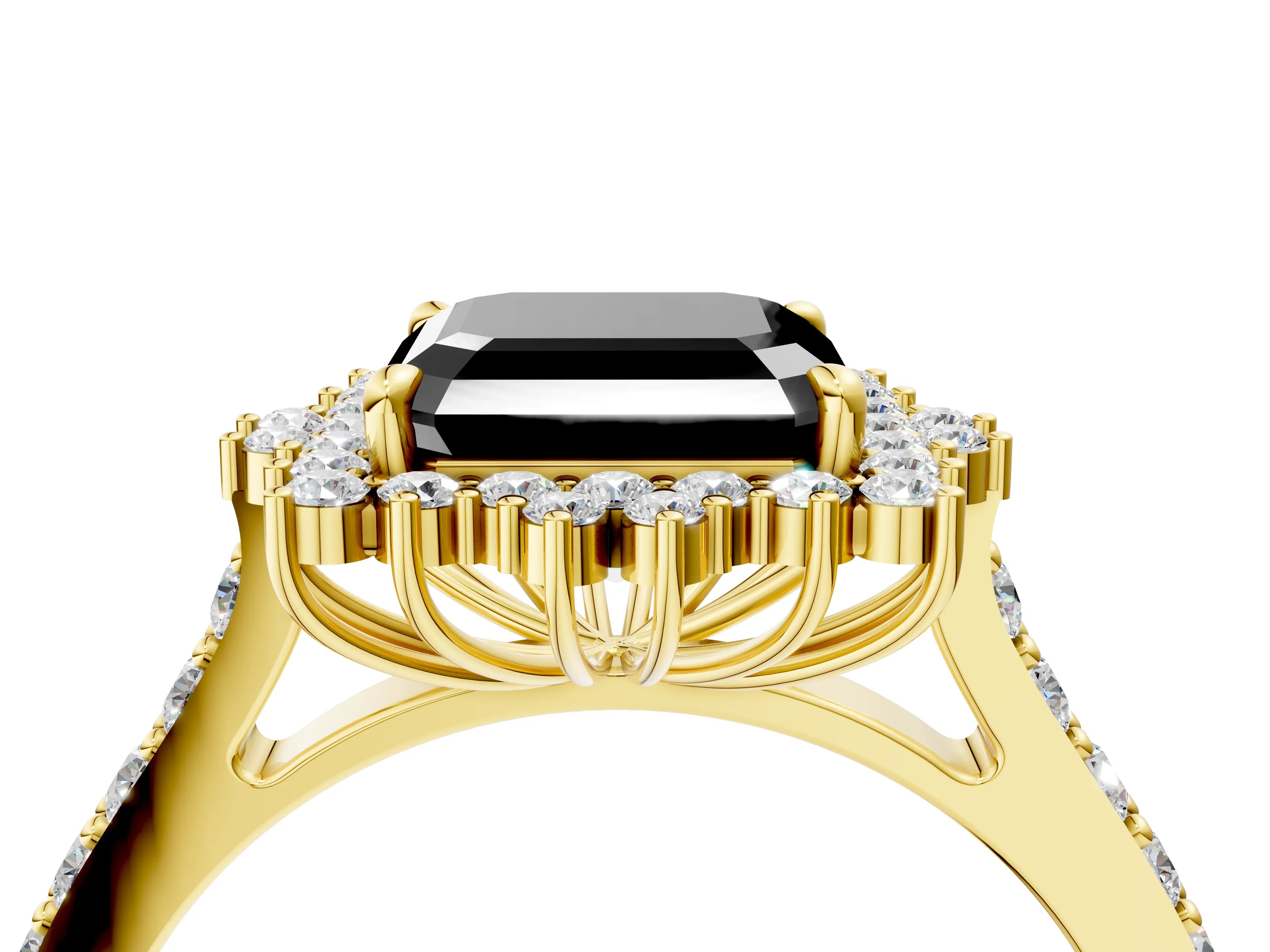 Yellow gold Fancy Black Asscher Cut Cut Diamond Sunburst Halo Engagement Ring with Pavé Band_4