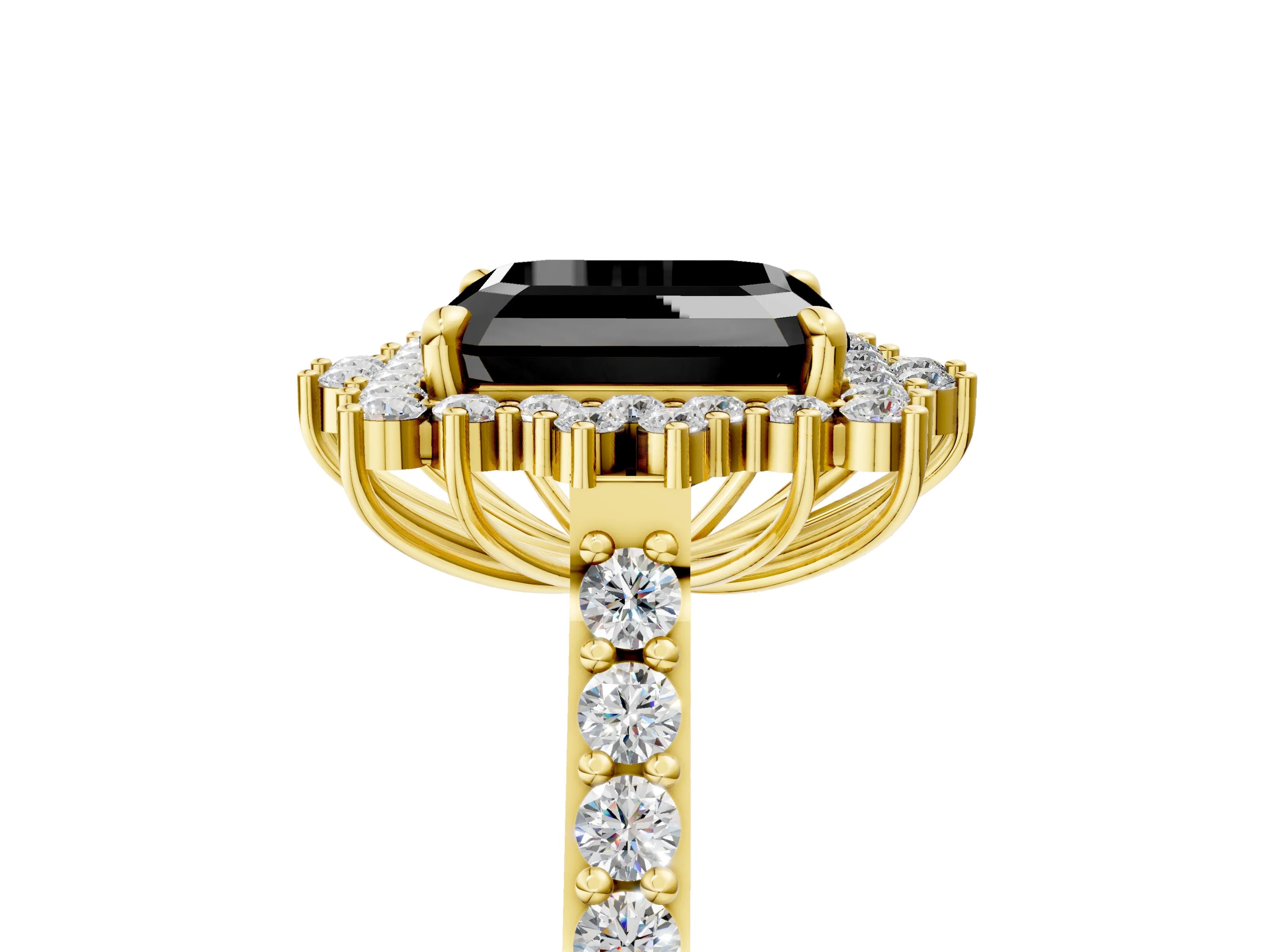Yellow gold Fancy Black Asscher Cut Cut Diamond Sunburst Halo Engagement Ring with Pavé Band_5