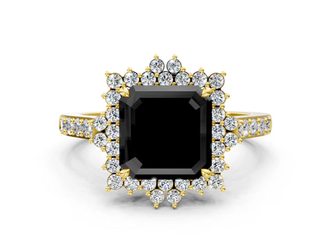 Yellow gold Fancy Black Asscher Cut Cut Diamond Sunburst Halo Engagement Ring with Pavé Band